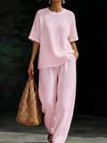 Womens Breathable Waffle Texture Short Sleeve Top And Wide Leg Pants Two Piece Set