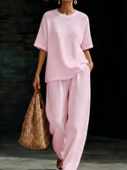 Womens Breathable Waffle Texture Short Sleeve Top And Wide Leg Pants Two Piece Set