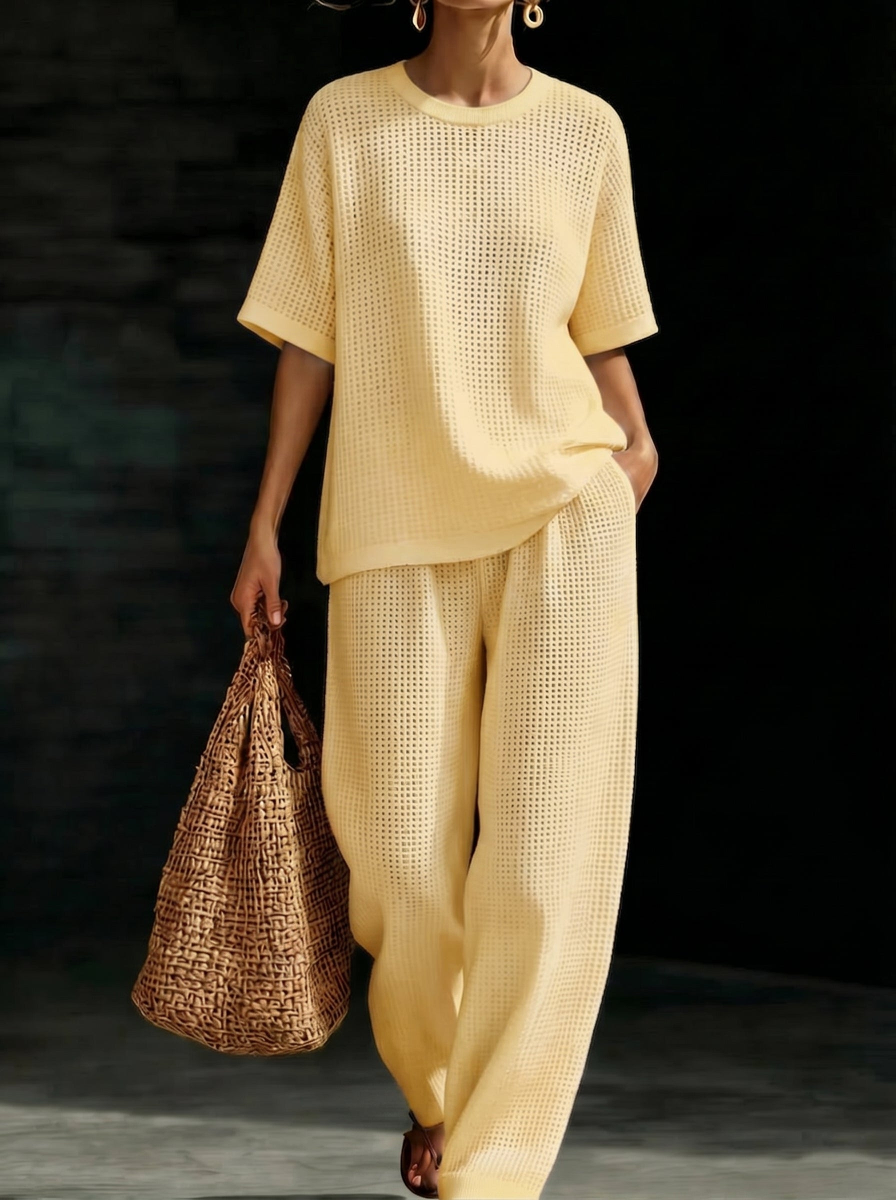 Womens Breathable Waffle Texture Short Sleeve Top And Wide Leg Pants Two Piece Set