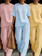Womens Breathable Waffle Texture Short Sleeve Top And Wide Leg Pants Two Piece Set