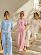 Womens Breathable Waffle Texture Short Sleeve Top And Wide Leg Pants Two Piece Set