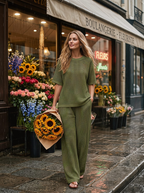 Womens Breathable Waffle Texture Short Sleeve Top And Wide Leg Pants Two Piece Set