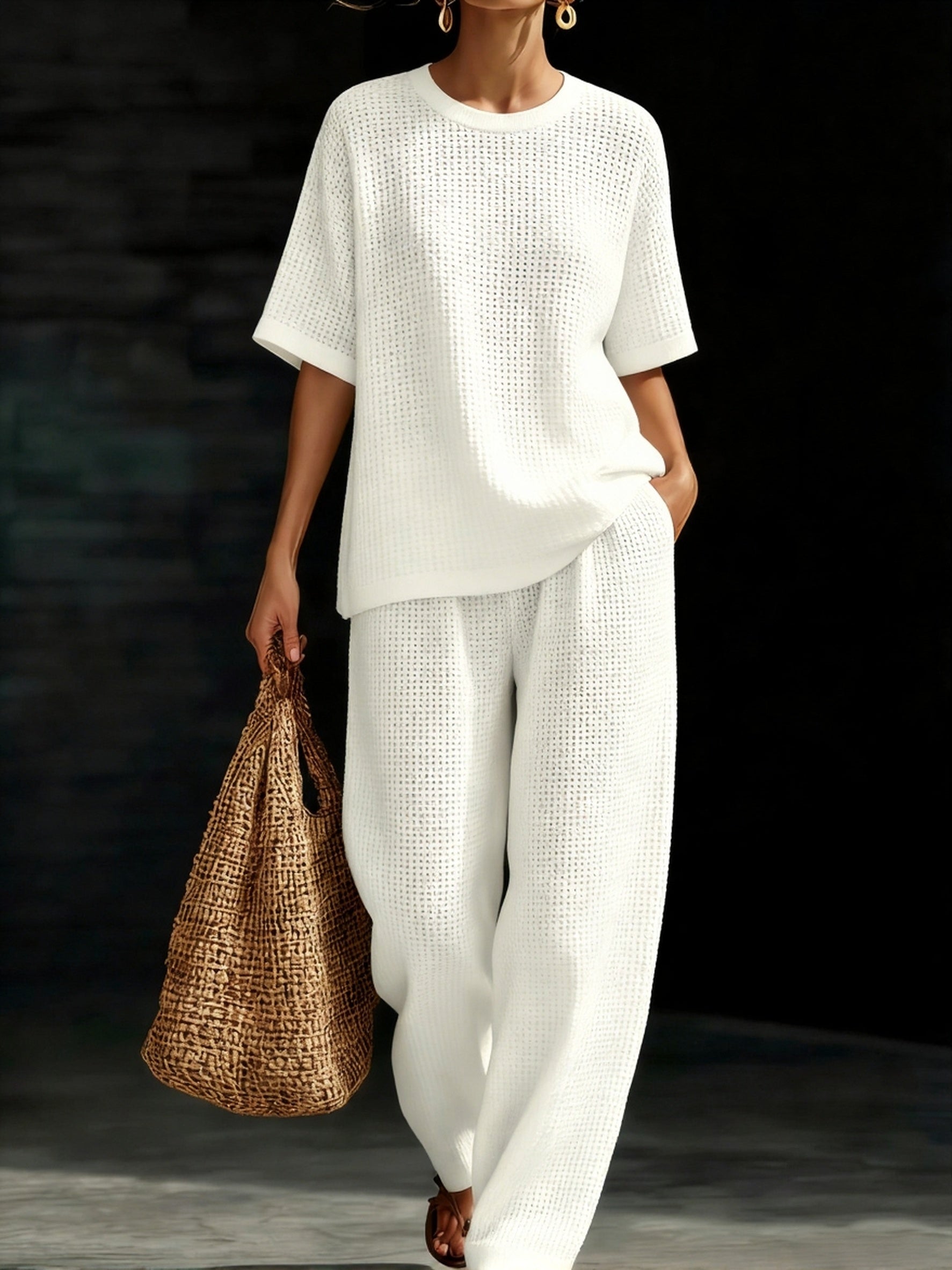 Womens Breathable Waffle Texture Short Sleeve Top And Wide Leg Pants Two Piece Set