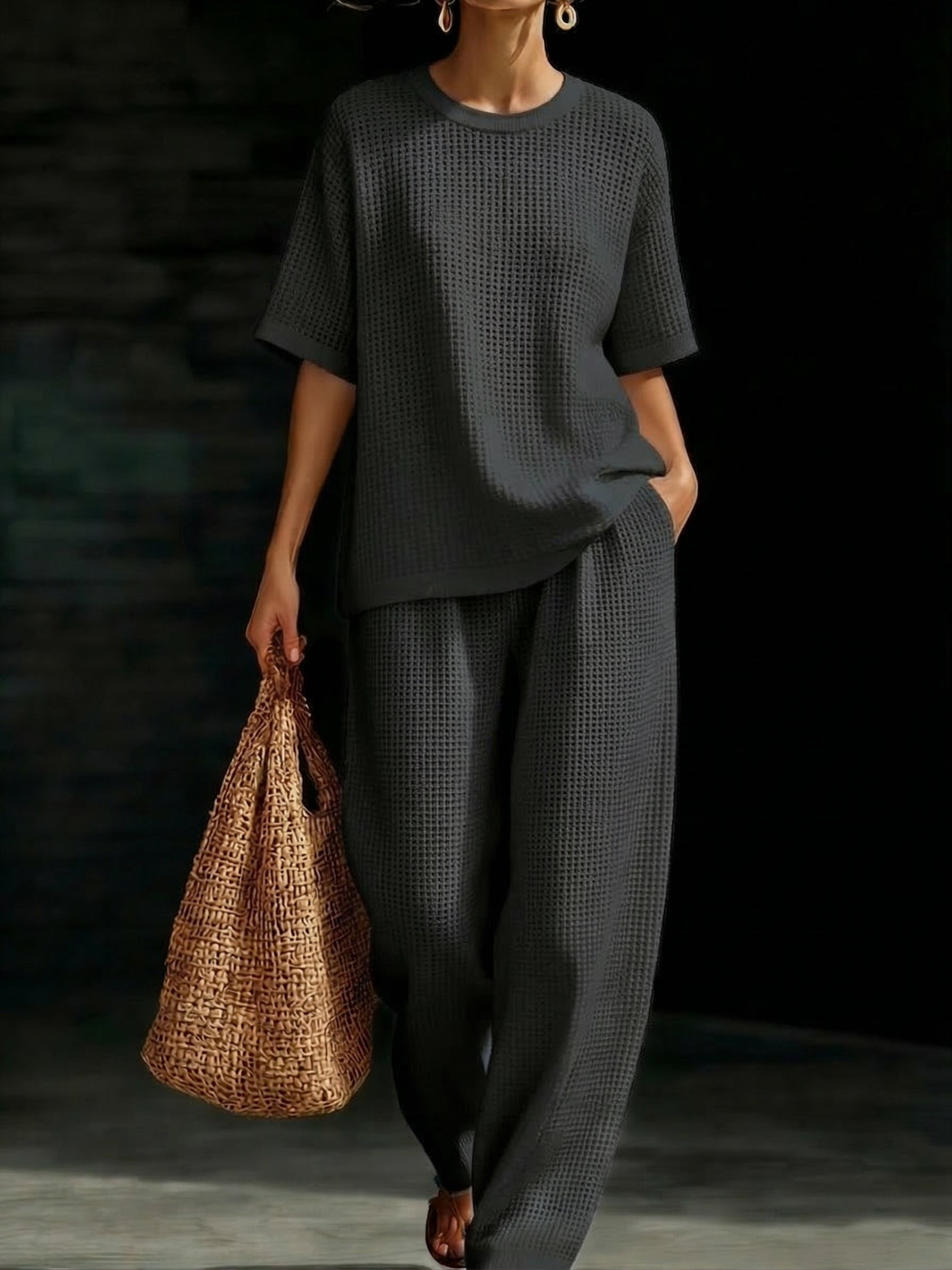 Womens Breathable Waffle Texture Short Sleeve Top And Wide Leg Pants Two Piece Set