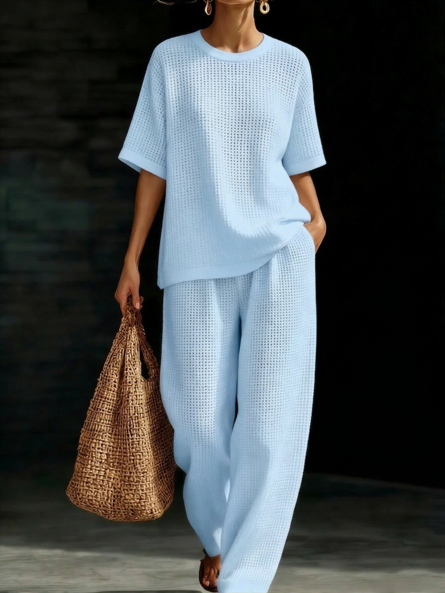 Womens Breathable Waffle Texture Short Sleeve Top And Wide Leg Pants Two Piece Set
