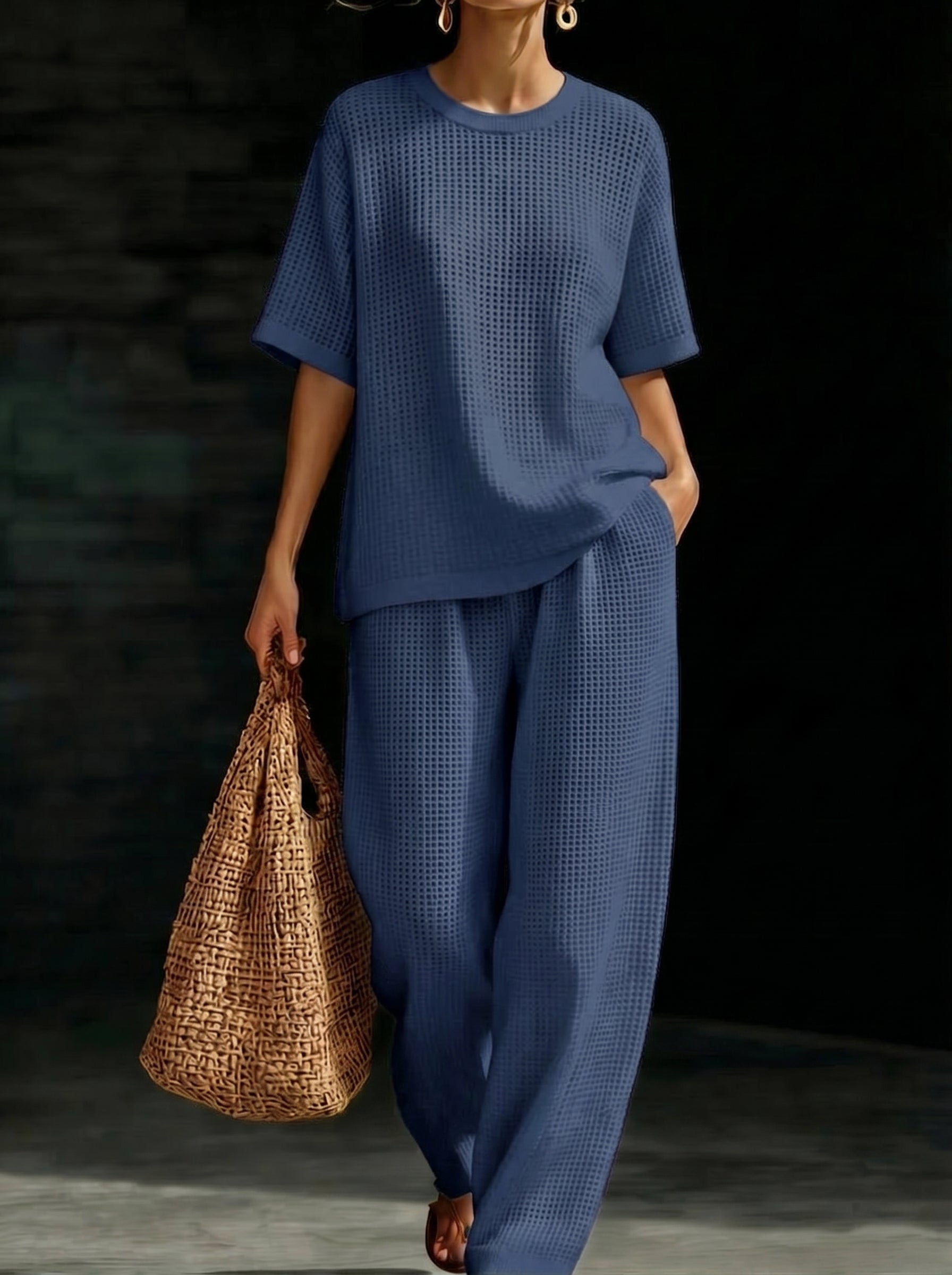 Womens Breathable Waffle Texture Short Sleeve Top And Wide Leg Pants Two Piece Set