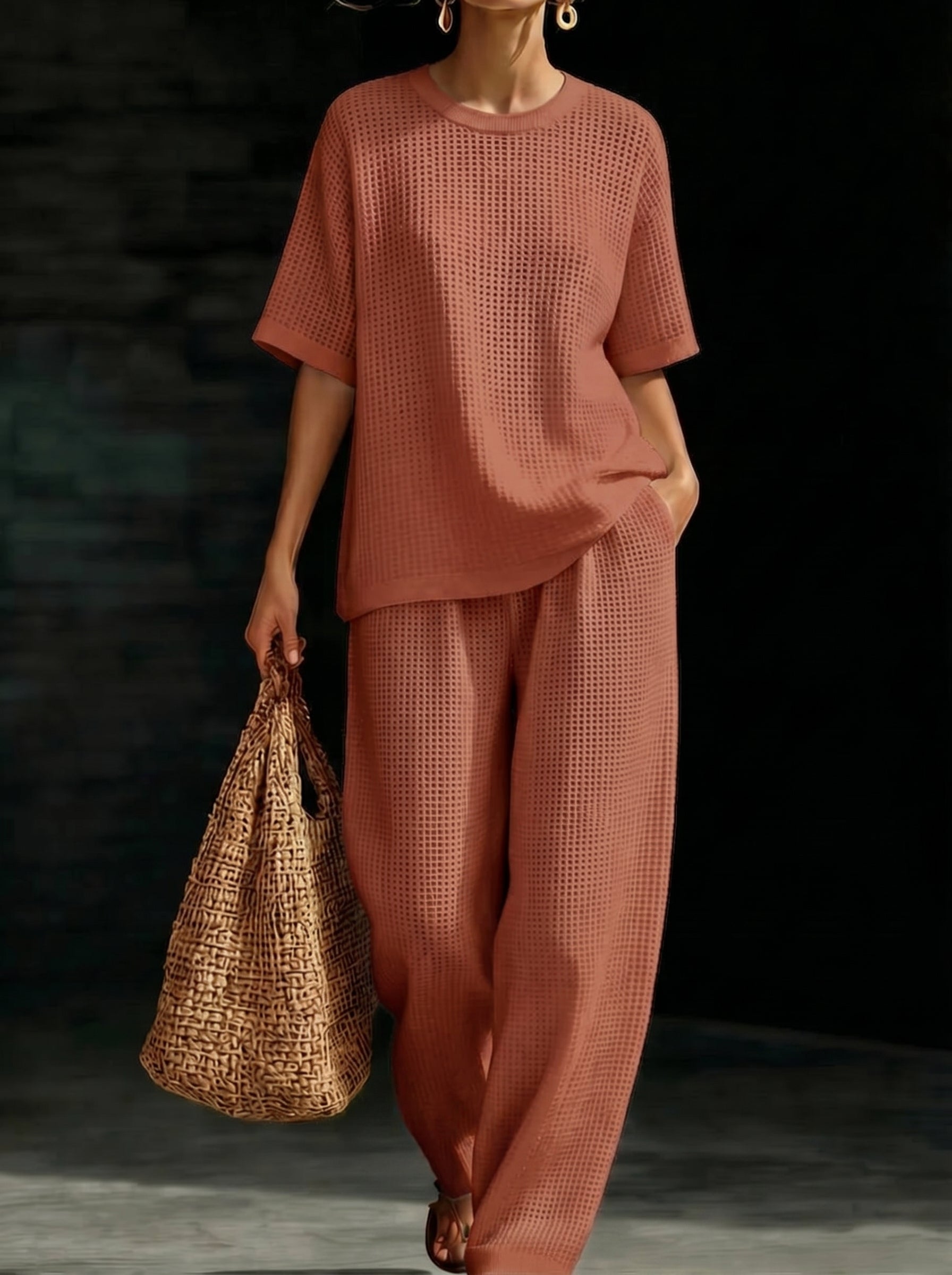 Womens Breathable Waffle Texture Short Sleeve Top And Wide Leg Pants Two Piece Set
