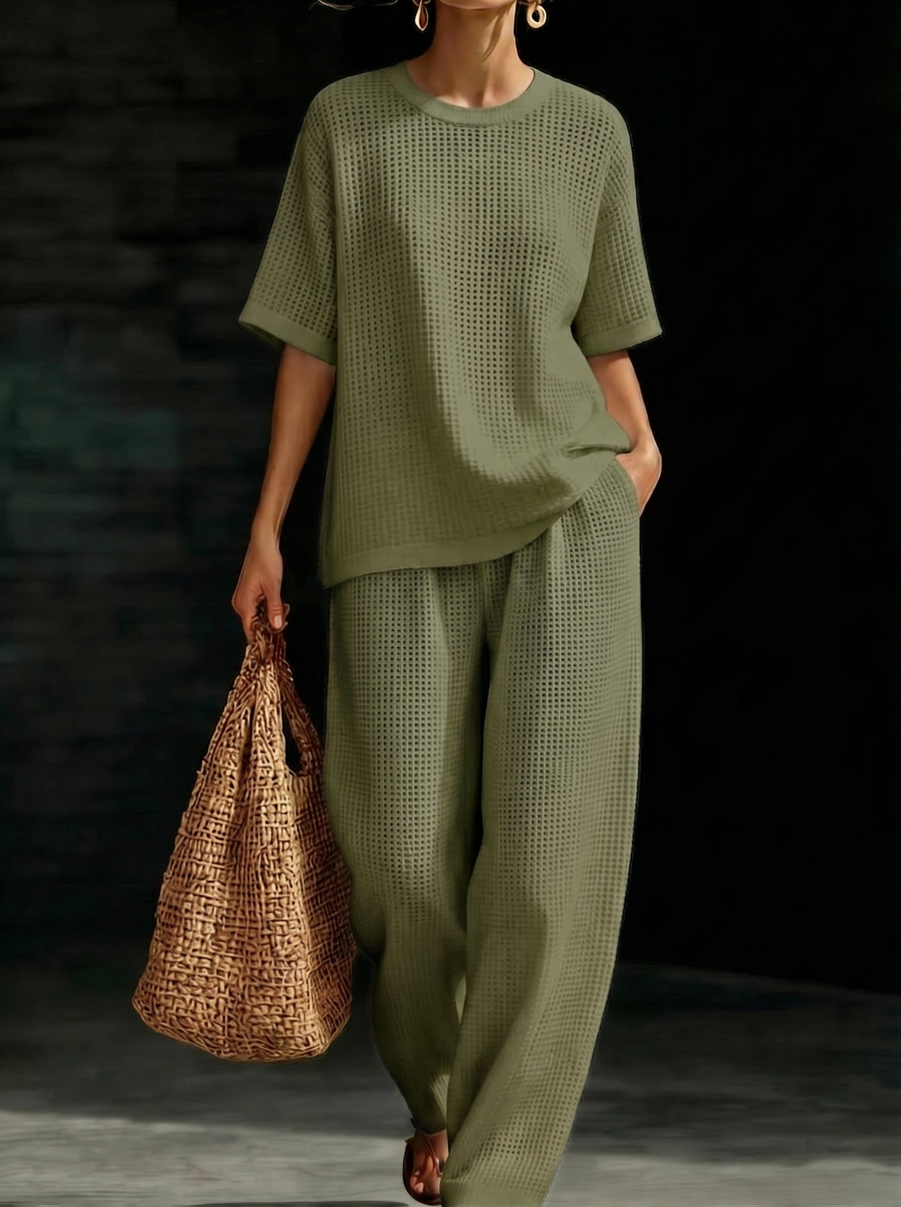 Womens Breathable Waffle Texture Short Sleeve Top And Wide Leg Pants Two Piece Set